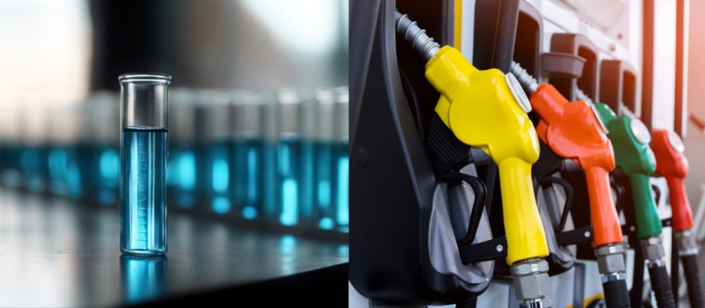 Synthetic fuel samples beside a petrol station